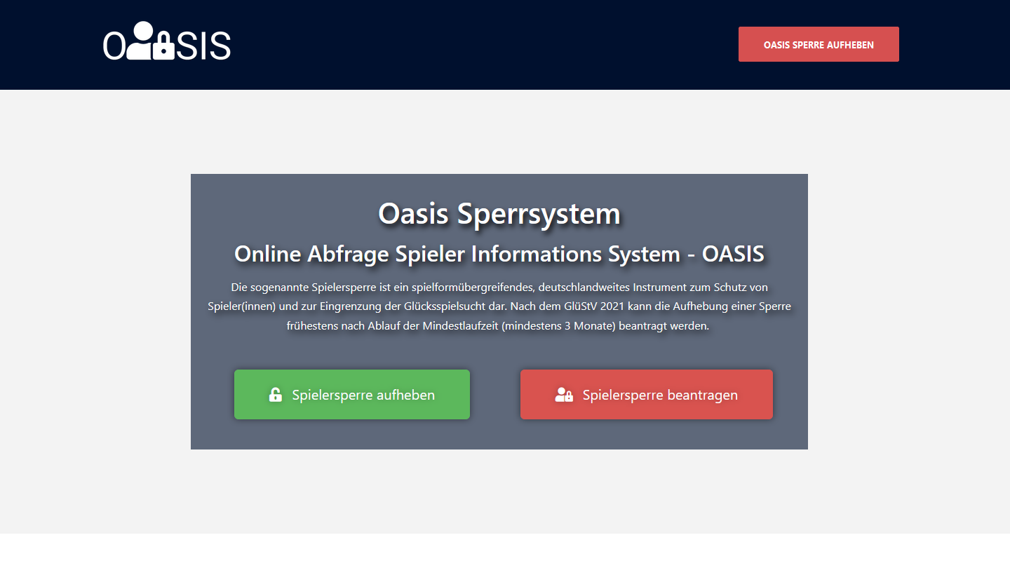 Screenshot der Online OASIS Spielersperre
